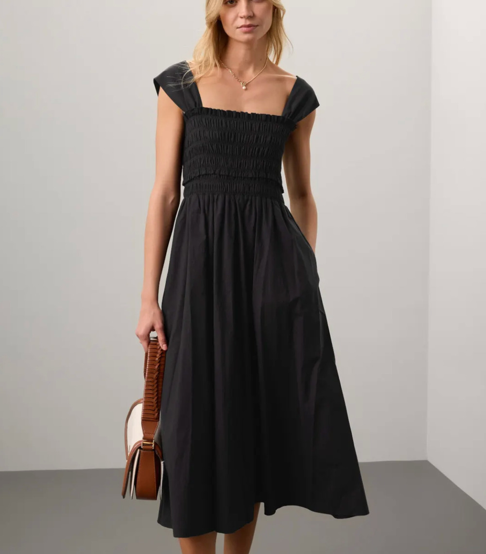 Club Monaco Black Smocked Square-Neck Midi Dress